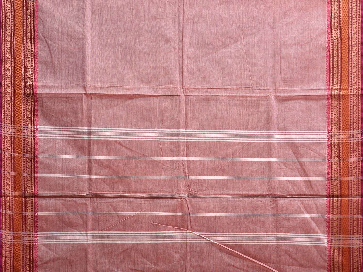 Light Peach Kanchipuram Cotton Plain Saree with Strips Pallu and Border Design Kalamkari Blouse k0816