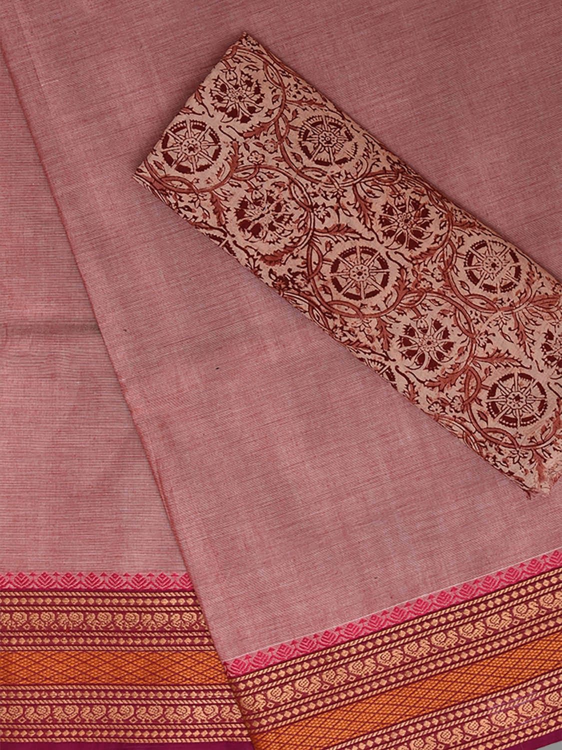 Light Peach Kanchipuram Cotton Plain Saree with Strips Pallu and Border Design Kalamkari Blouse k0816
