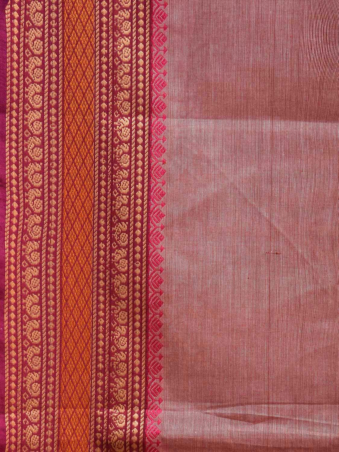 Light Peach Kanchipuram Cotton Plain Saree with Strips Pallu and Border Design Kalamkari Blouse k0816