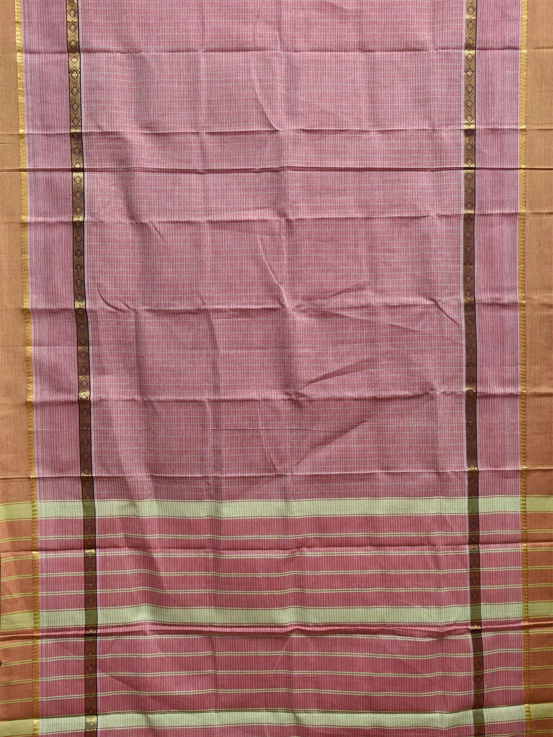 Light Peach Narayanpet Cotton Saree with Checks and Big Border Design No Blouse np1127