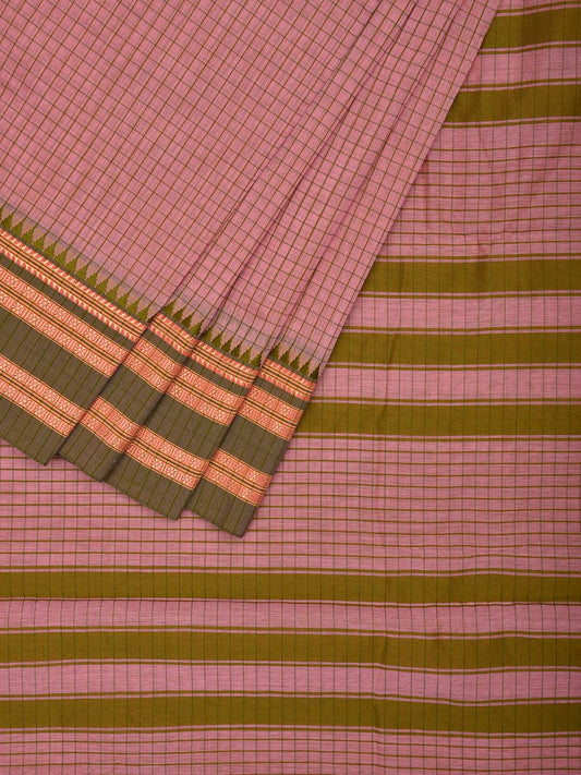 Light Pink and Green Bamboo Cotton Saree with Small Checks and Strips Pallu Design No Blouse bc0586