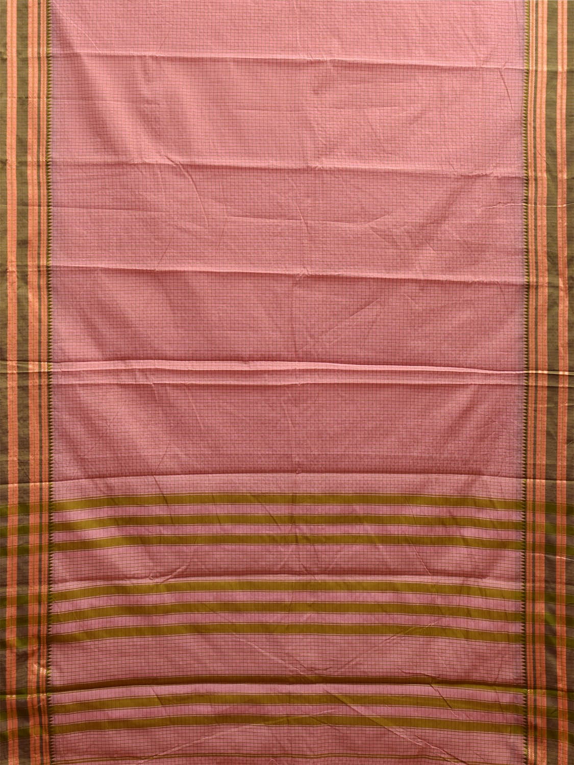 Light Pink and Green Bamboo Cotton Saree with Small Checks and Strips Pallu Design No Blouse bc0586