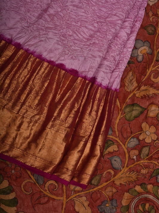 Light Pink and Red Bandhani Kanchipuram Silk Handloom Saree with Kalamkari Pallu and Blouse Design bn0446