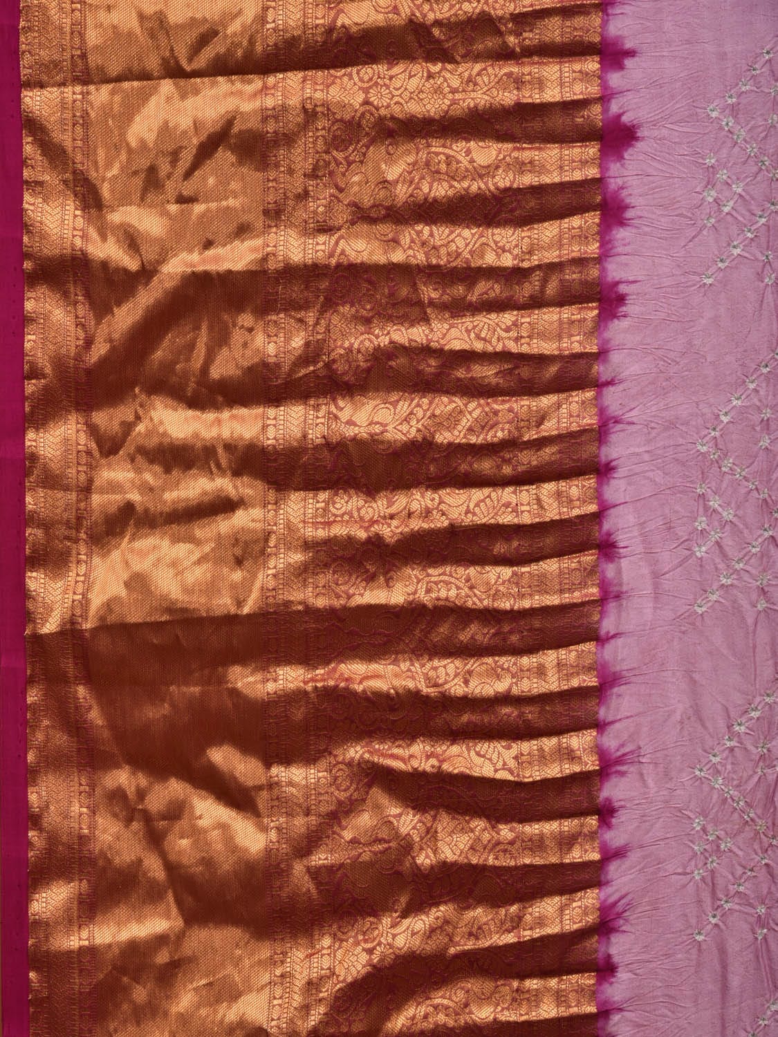 Light Pink and Red Bandhani Kanchipuram Silk Handloom Saree with Kalamkari Pallu and Blouse Design bn0446