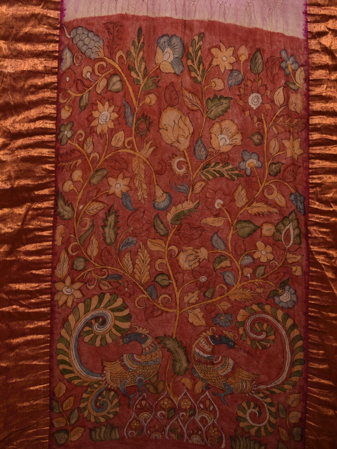 Light Pink and Red Bandhani Kanchipuram Silk Handloom Saree with Kalamkari Pallu and Blouse Design bn0446