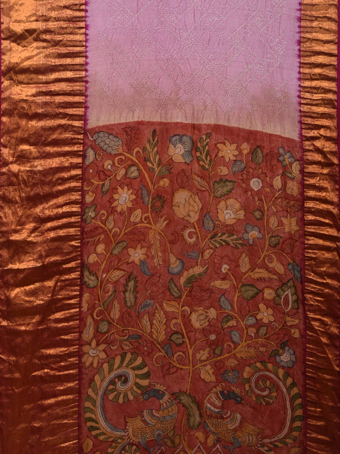 Light Pink and Red Bandhani Kanchipuram Silk Handloom Saree with Kalamkari Pallu and Blouse Design bn0446
