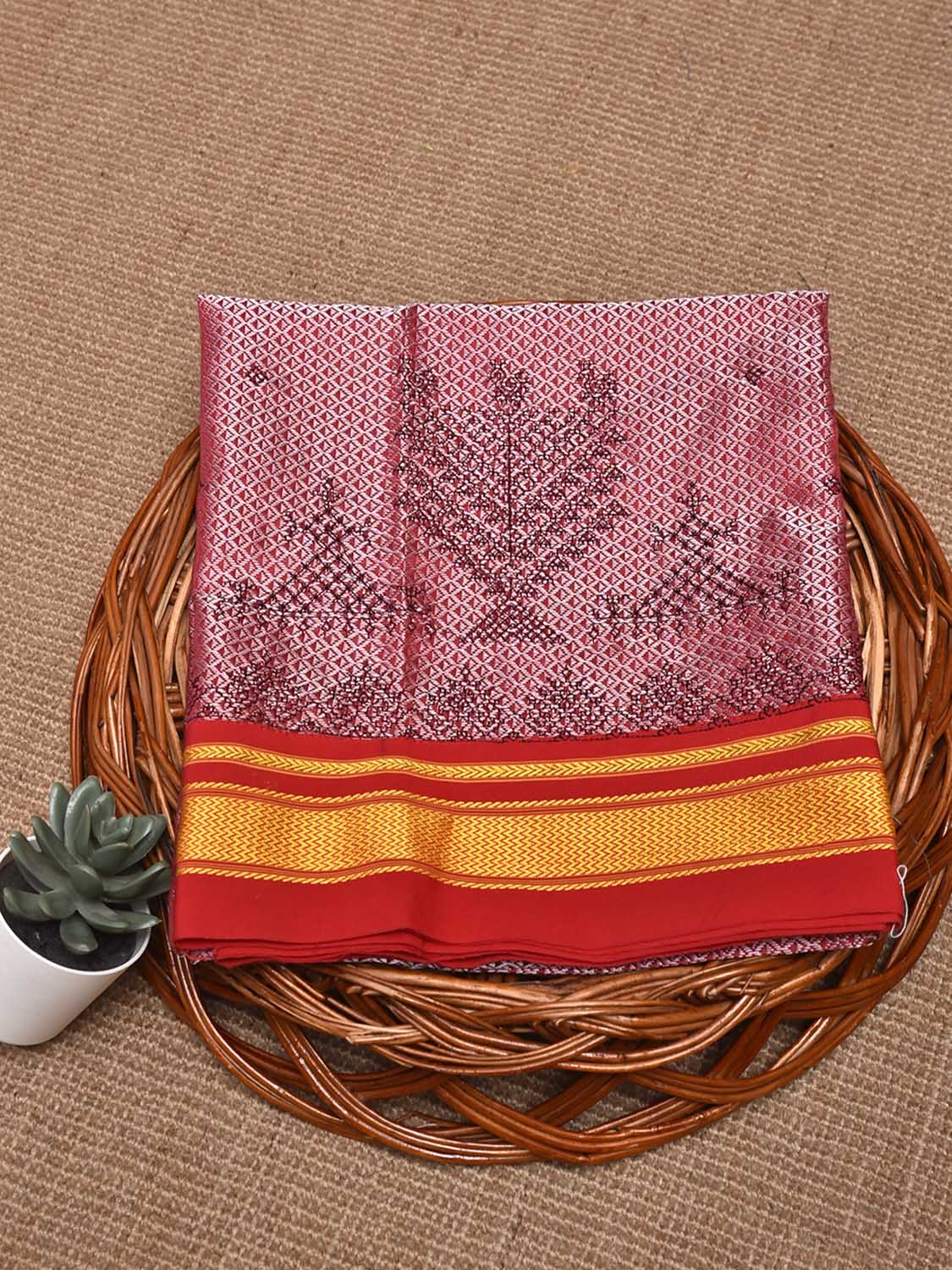 Light Pink and Red Kasuti Viscose Blouse with Peacock Design Length 1mt Width 44 Inches BL0157