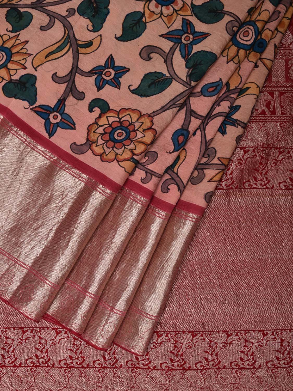 Light Pink Kalamkari Hand Painted Kanchipuram Silk Handloom Saree with Floral and Birds Design KL0511