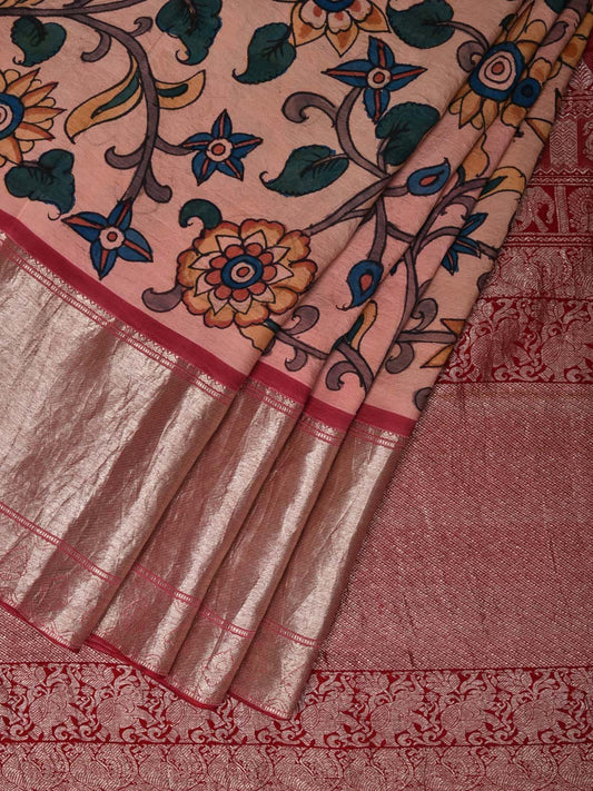 Light Pink Kalamkari Hand Painted Kanchipuram Silk Handloom Saree with Floral and Birds Design KL0511