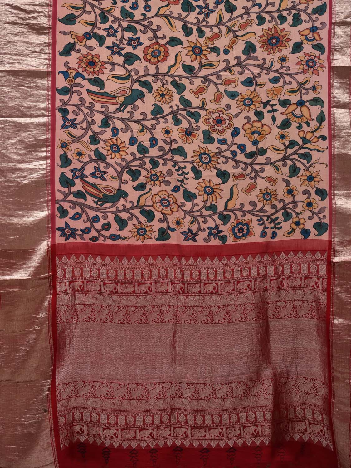 Light Pink Kalamkari Hand Painted Kanchipuram Silk Handloom Saree with Floral and Birds Design KL0511