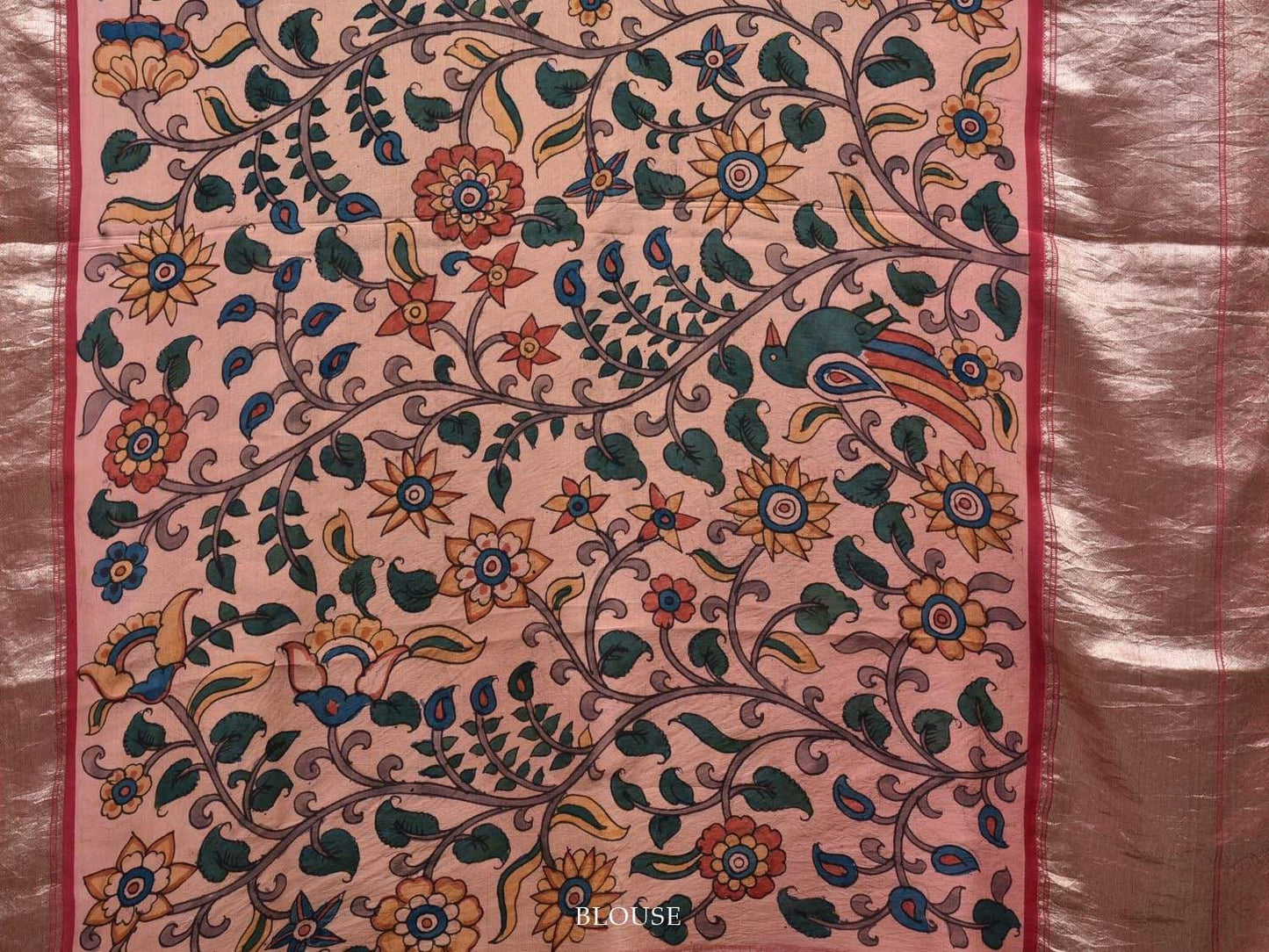 Light Pink Kalamkari Hand Painted Kanchipuram Silk Handloom Saree with Floral and Birds Design KL0511