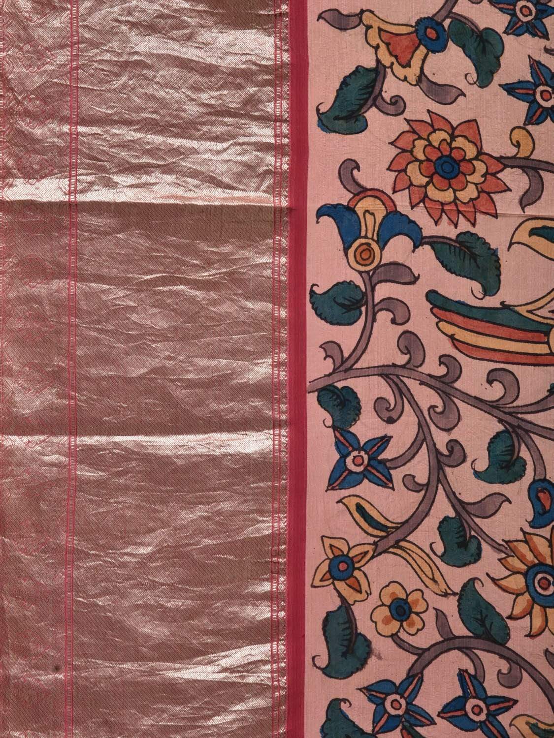 Light Pink Kalamkari Hand Painted Kanchipuram Silk Handloom Saree with Floral and Birds Design KL0511