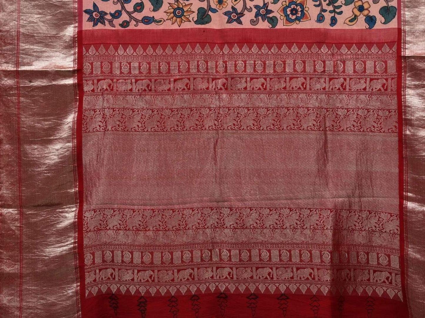 Light Pink Kalamkari Hand Painted Kanchipuram Silk Handloom Saree with Floral and Birds Design KL0511