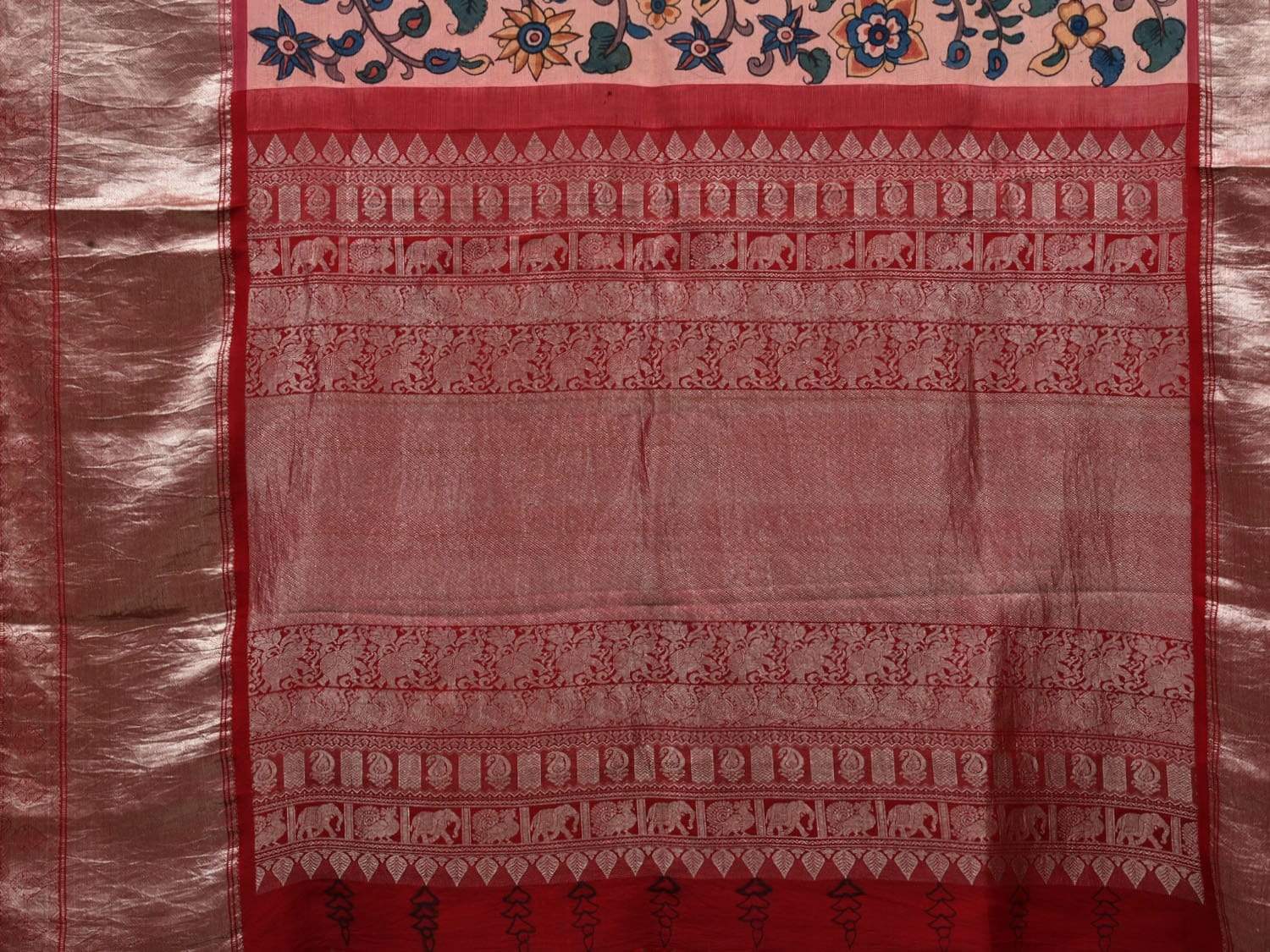 Light Pink Kalamkari Hand Painted Kanchipuram Silk Handloom Saree with Floral and Birds Design KL0511