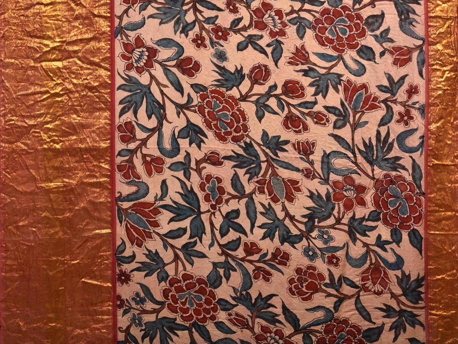 Light Pink Kalamkari Hand Painted Kanchipuram Silk Handloom Saree with Floral Design KL0536