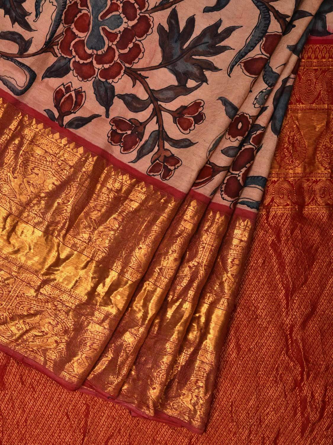Light Pink Kalamkari Hand Painted Kanchipuram Silk Handloom Saree with Floral Design KL0536