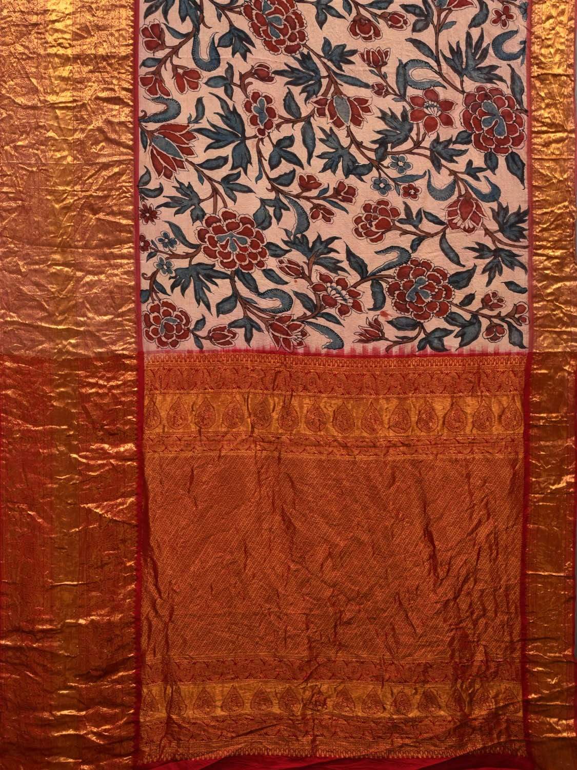 Light Pink Kalamkari Hand Painted Kanchipuram Silk Handloom Saree with Floral Design KL0536