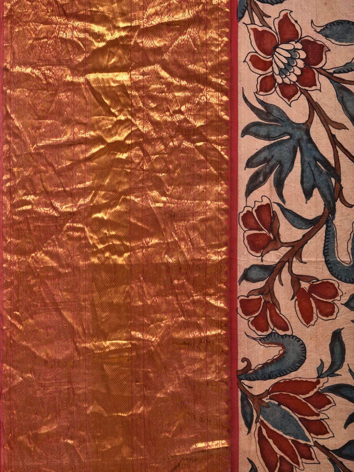 Light Pink Kalamkari Hand Painted Kanchipuram Silk Handloom Saree with Floral Design KL0536