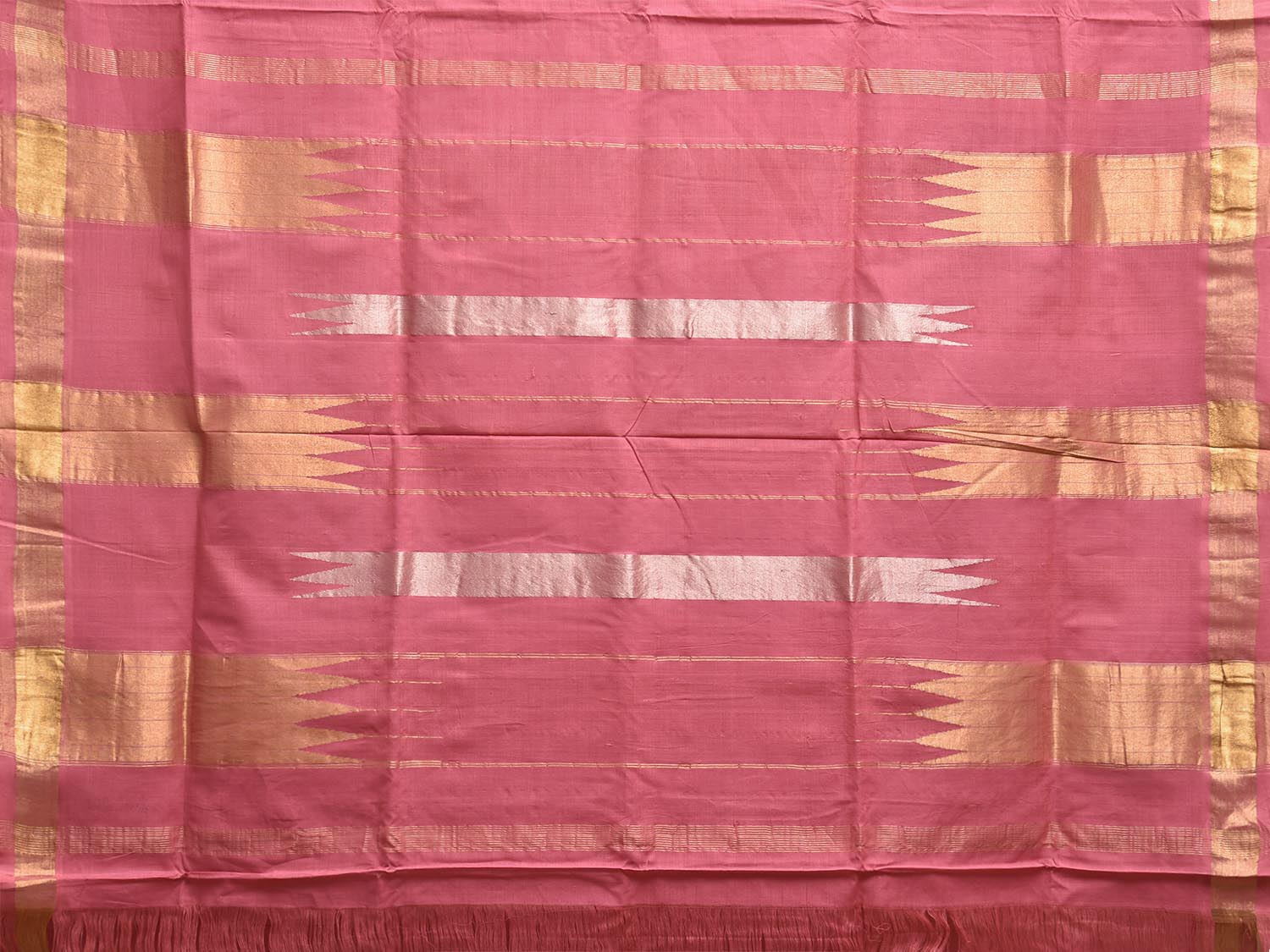 Light Pink Khadi Cotton Handloom Plain Saree with Zari Strips Pallu Design kh0716