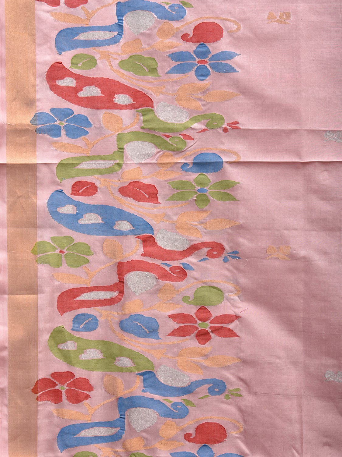 Light Pink Uppada Silk Handloom Saree with One Side Peacocks Border Design u2307