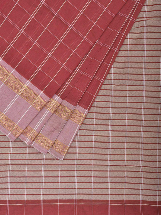 Light Red and White Bamboo Cotton Saree with Checks Design No Blouse bc0678