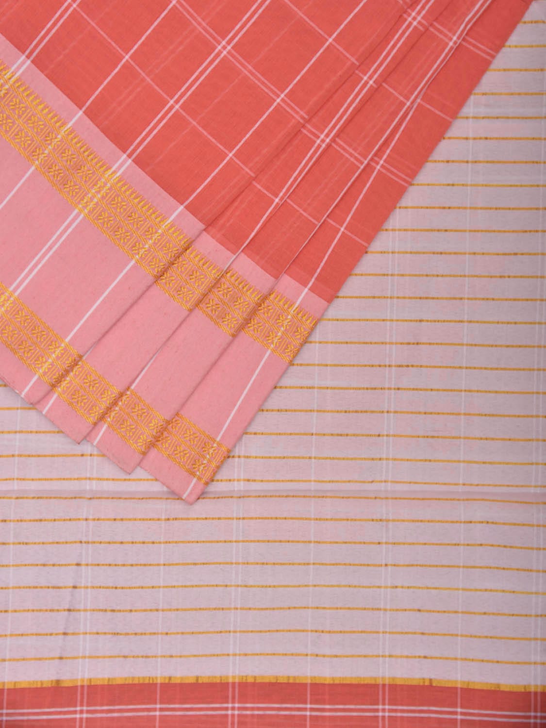 Light Red Bamboo Cotton Saree with Big Checks Design No Blouse bc0767