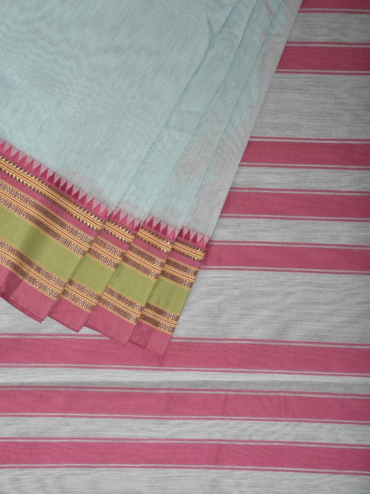 Light Turquoise and Pink Bamboo Cotton Plain Saree with Strips Pallu Design No Blouse bc0822