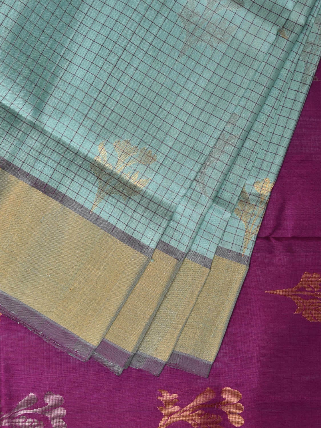 Light Turquoise and Purple Uppada Silk Handloom Saree with Body Buta and Checks Design u2194