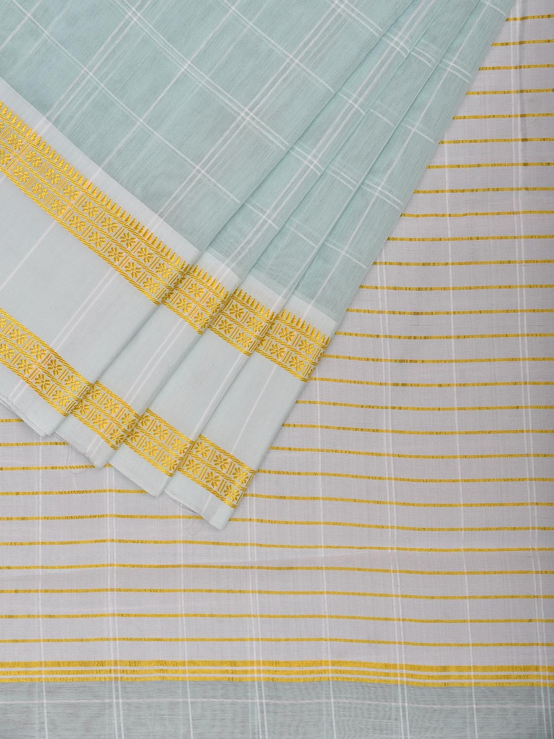 Light Turquoise Bamboo Cotton Saree with Big Checks Design No Blouse bc0766