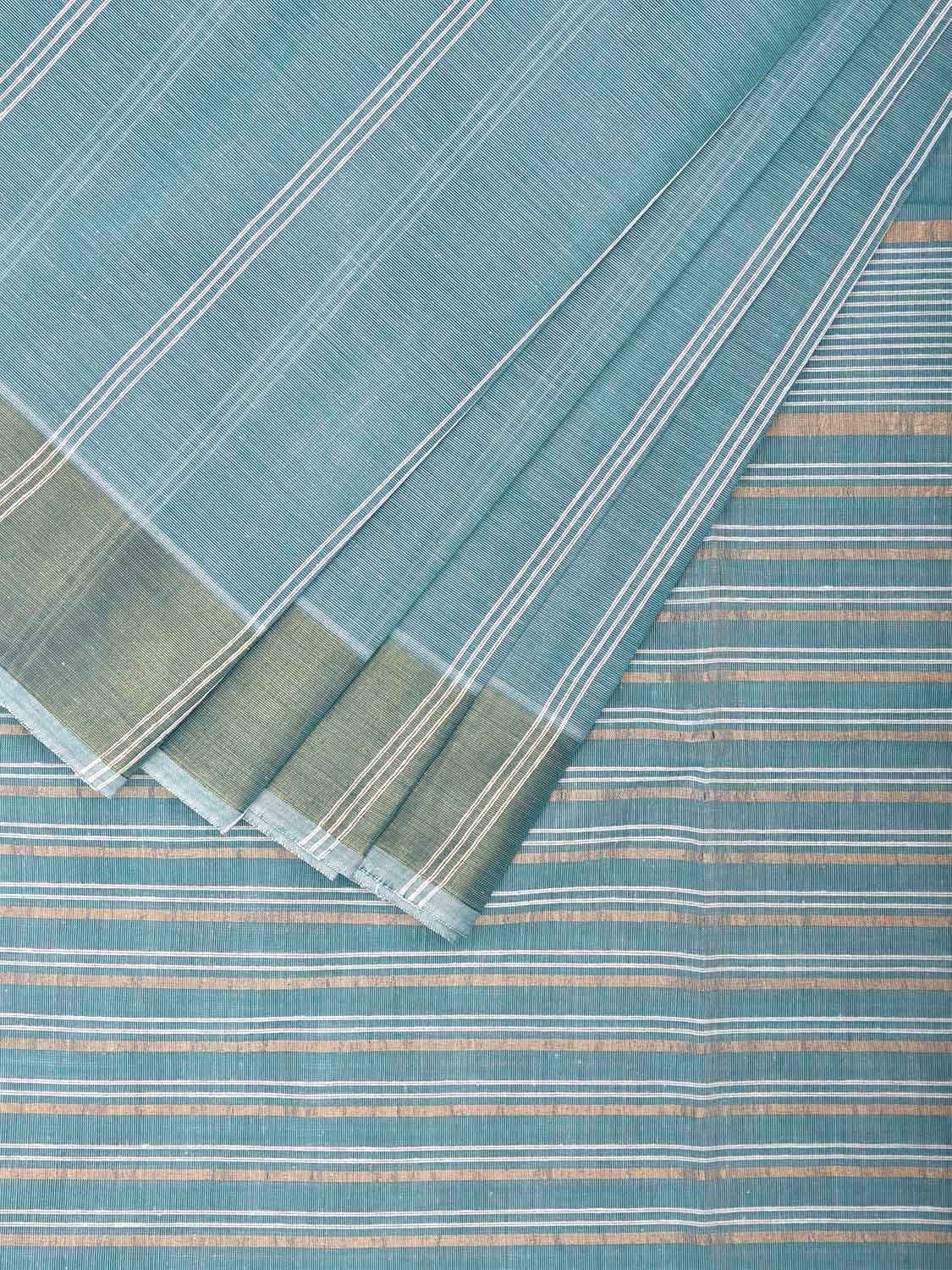 Light Turquoise Venkatagiri Cotton Saree with Strips Body and Pallu Design v0100