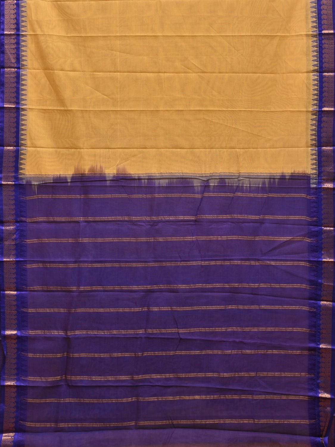 Light Yellow and Blue Gadwal Cotton Handloom Plain Saree with Strips Pallu Design No Blouse g0276