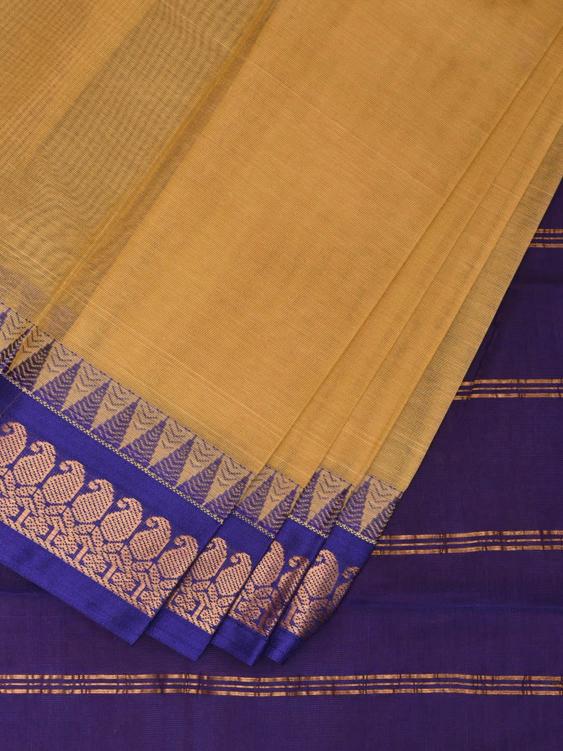 Light Yellow and Blue Gadwal Cotton Handloom Plain Saree with Strips Pallu Design No Blouse g0276