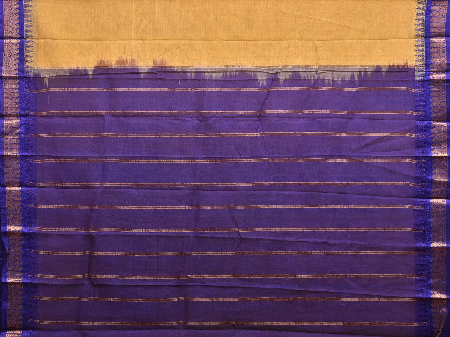 Light Yellow and Blue Gadwal Cotton Handloom Plain Saree with Strips Pallu Design No Blouse g0276