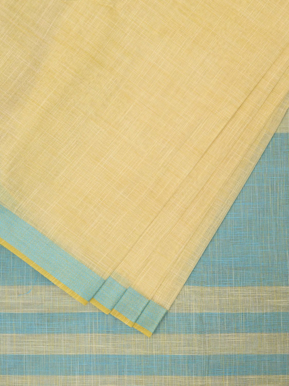 Light Yellow and Blue Kanchipuram Cotton Handloom Plain Saree with Strips Pallu Design k0587