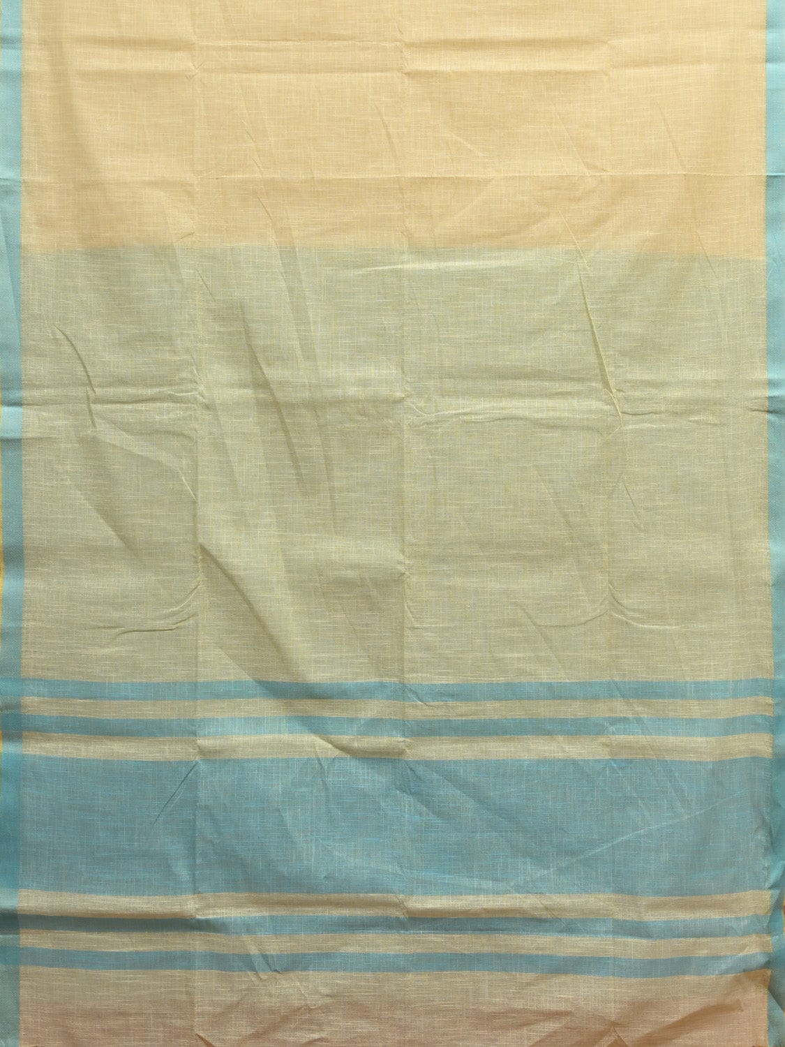 Light Yellow and Blue Kanchipuram Cotton Handloom Plain Saree with Strips Pallu Design k0587