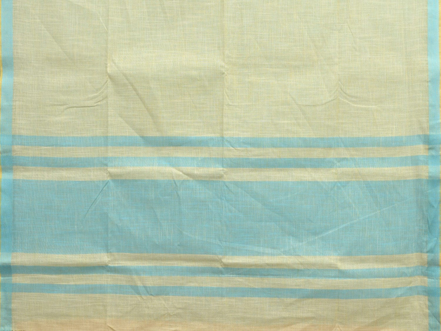 Light Yellow and Blue Kanchipuram Cotton Handloom Plain Saree with Strips Pallu Design k0587