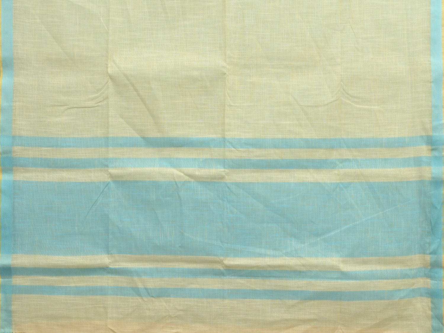 Light Yellow and Blue Kanchipuram Cotton Handloom Plain Saree with Strips Pallu Design k0587