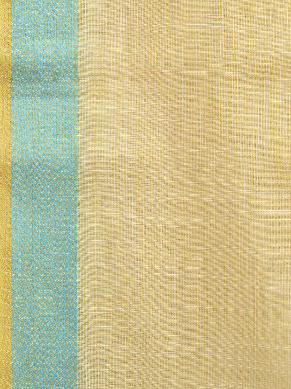 Light Yellow and Blue Kanchipuram Cotton Handloom Plain Saree with Strips Pallu Design k0587