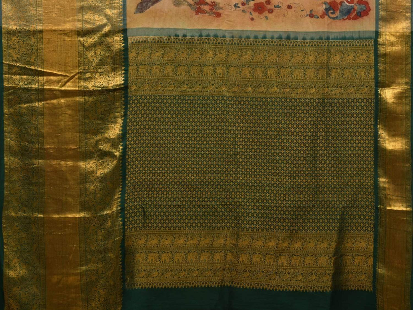 Light Yellow and Green Kalamkari Hand Painted Kanchipuram Silk Handloom Saree with Dashavatar Design KL0566