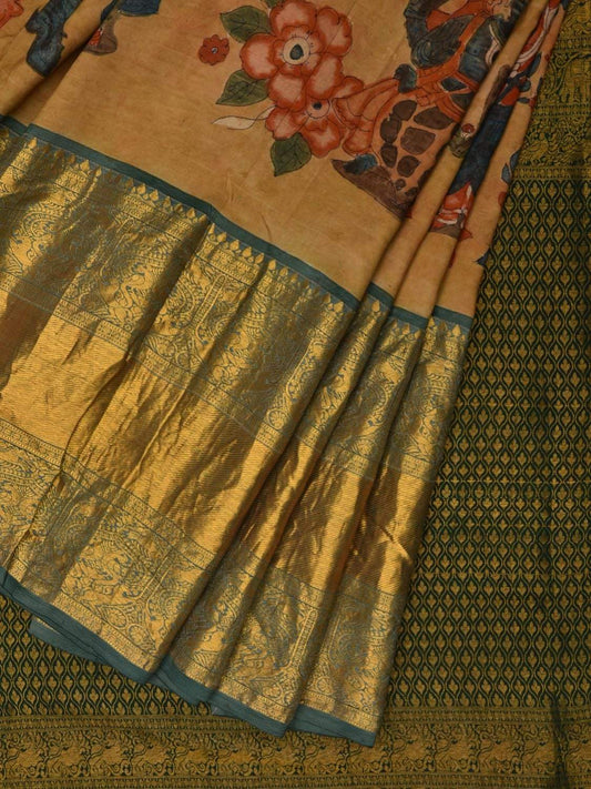Light Yellow and Green Kalamkari Hand Painted Kanchipuram Silk Handloom Saree with Dashavatar Design KL0566