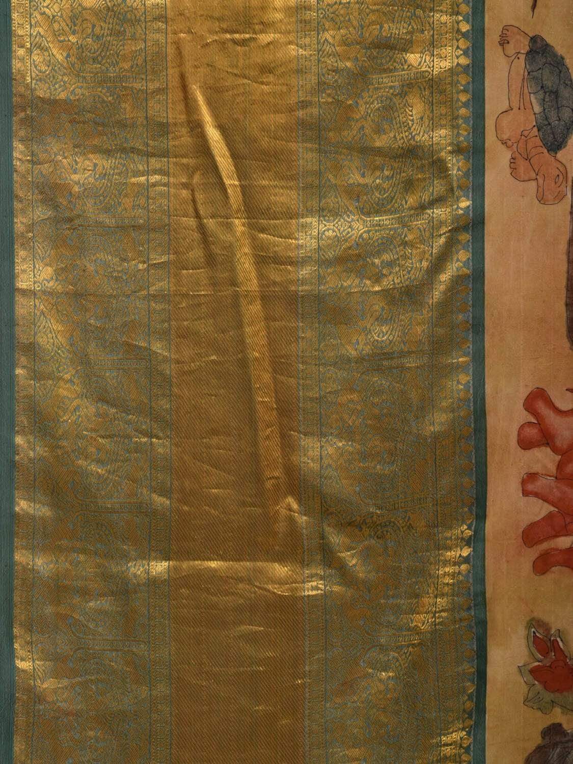 Light Yellow and Green Kalamkari Hand Painted Kanchipuram Silk Handloom Saree with Dashavatar Design KL0566