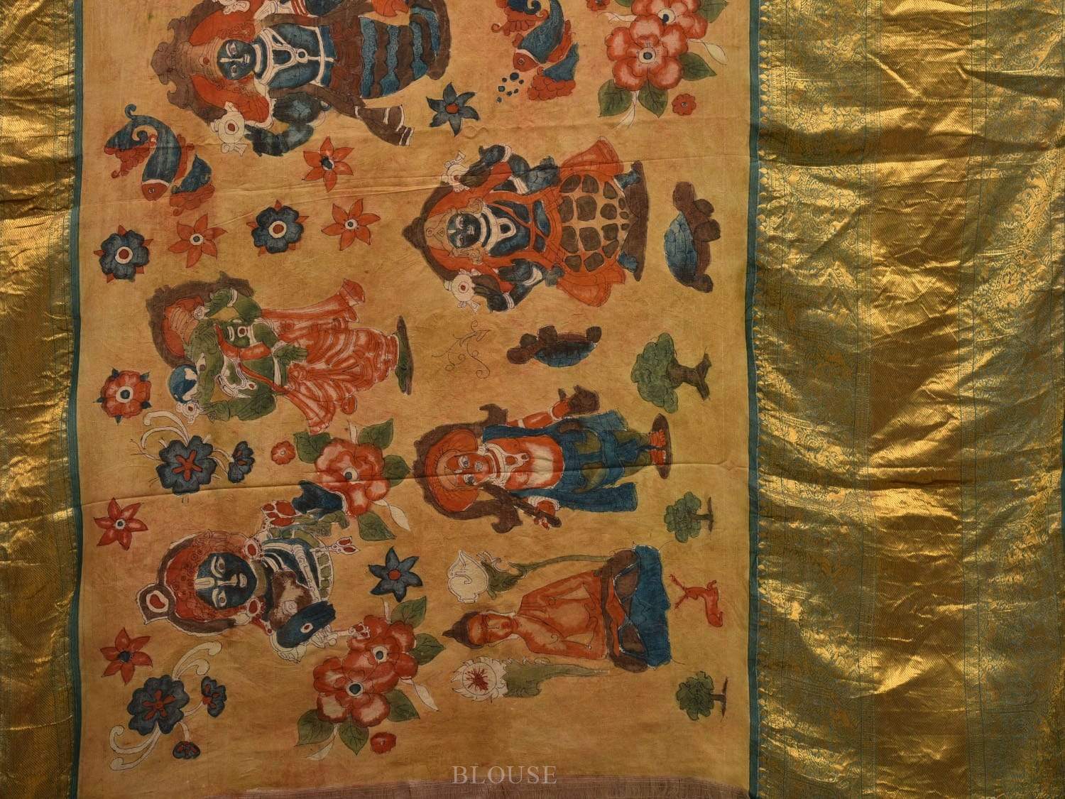 Light Yellow and Green Kalamkari Hand Painted Kanchipuram Silk Handloom Saree with Dashavatar Design KL0566