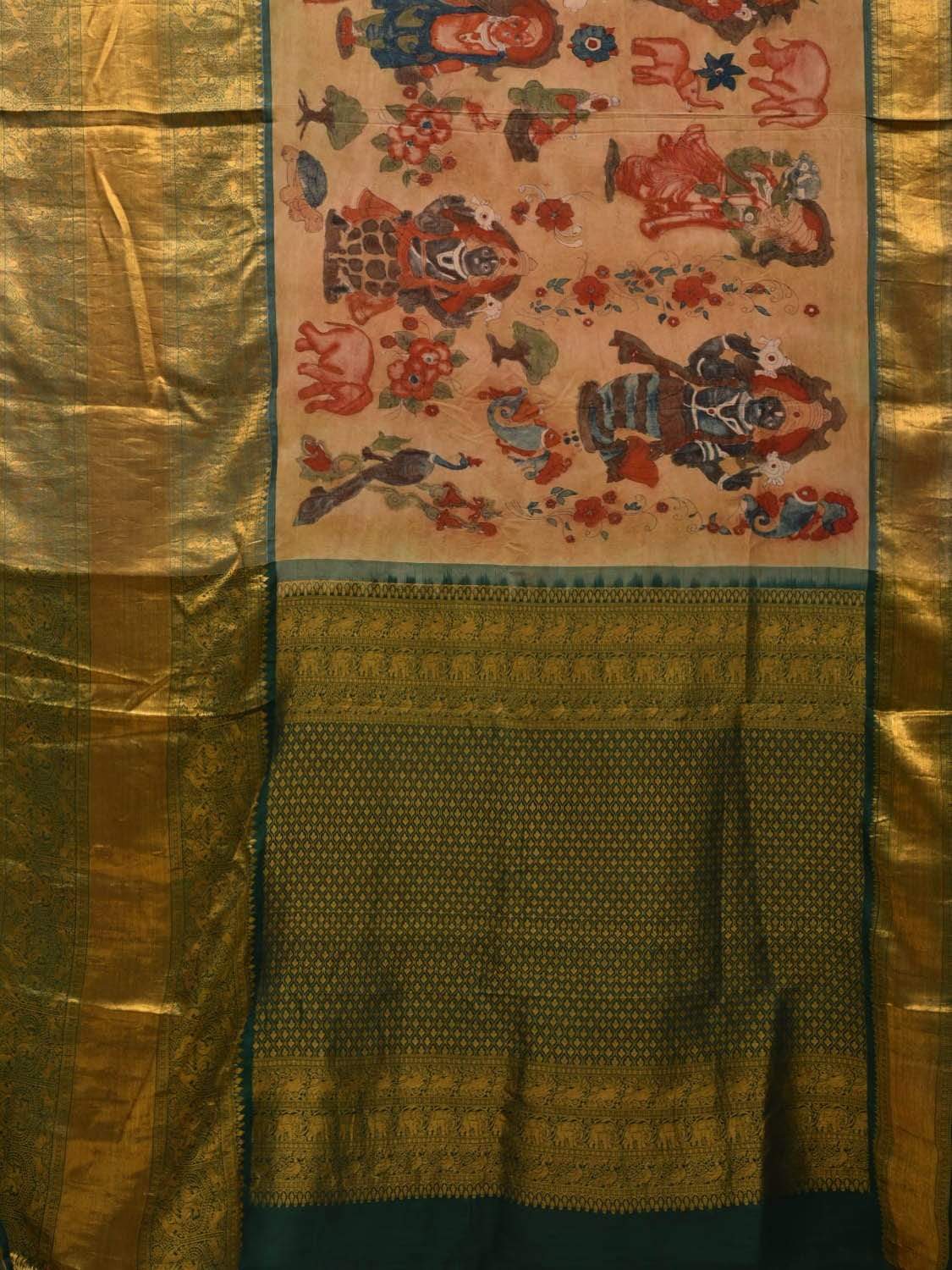 Light Yellow and Green Kalamkari Hand Painted Kanchipuram Silk Handloom Saree with Dashavatar Design KL0566