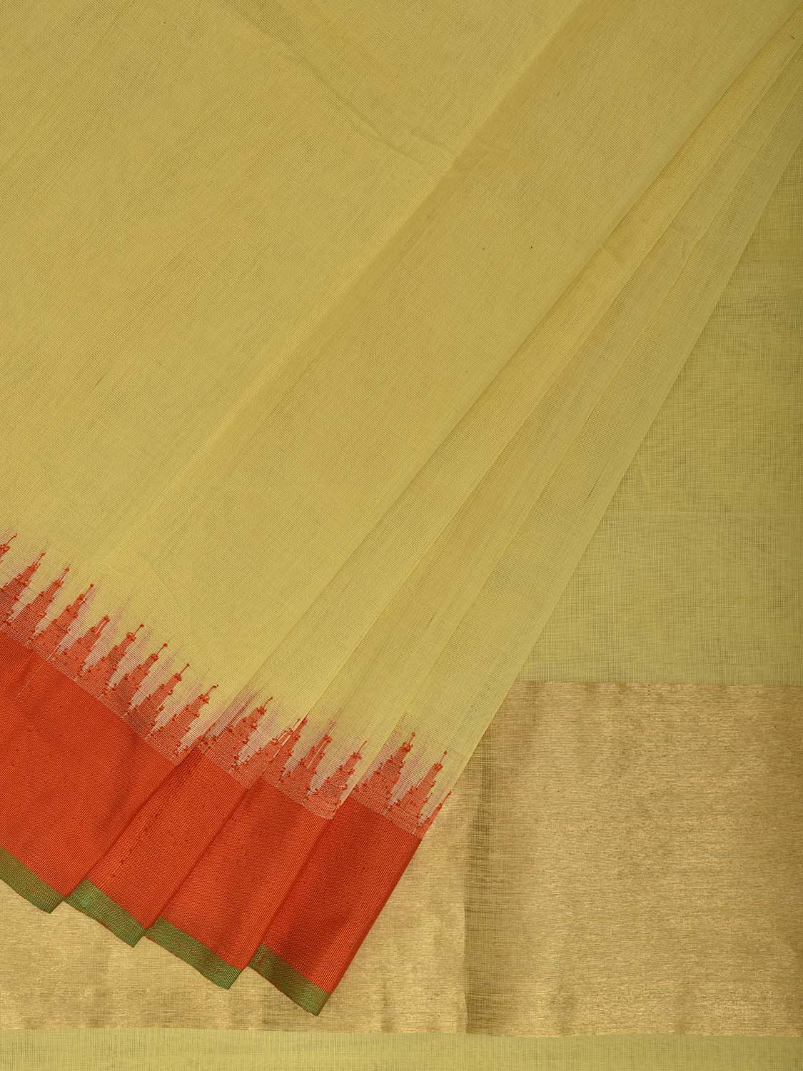 Light Yellow and Orange Khadi Cotton Handloom Plain Saree with Temple Border Design kh0702