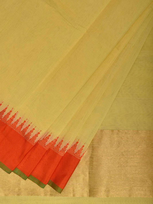 Light Yellow and Orange Khadi Cotton Handloom Plain Saree with Temple Border Design kh0702