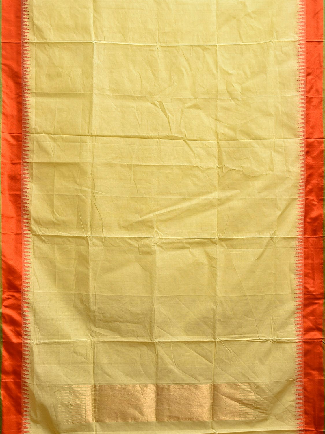 Light Yellow and Orange Khadi Cotton Handloom Plain Saree with Temple Border Design kh0702