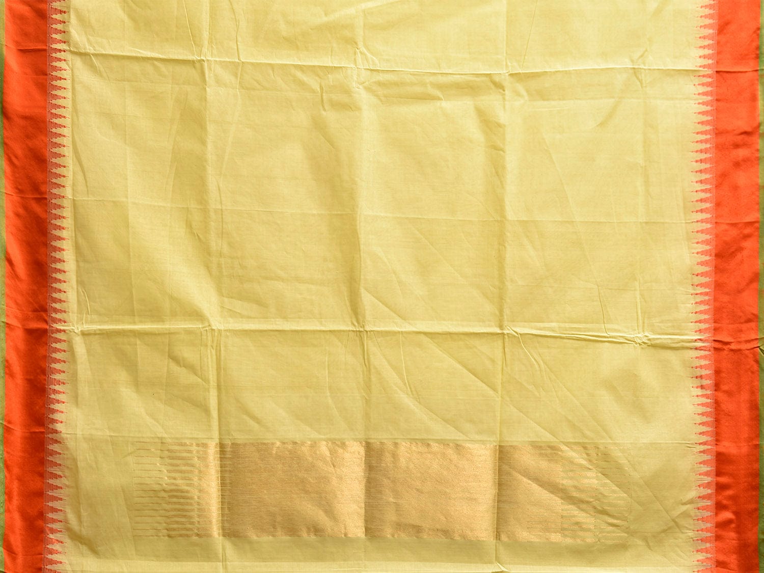 Light Yellow and Orange Khadi Cotton Handloom Plain Saree with Temple Border Design kh0702