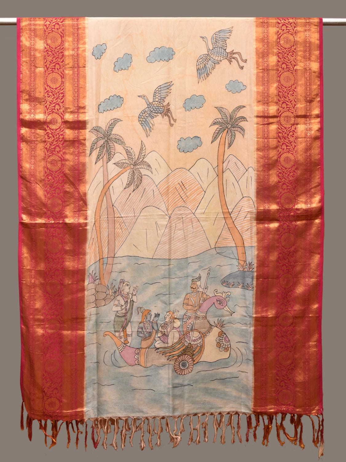 Light Yellow and Pink Kalamkari Hand Painted Kanchipuram Silk Handloom Dupatta with Mountains Design ds3241