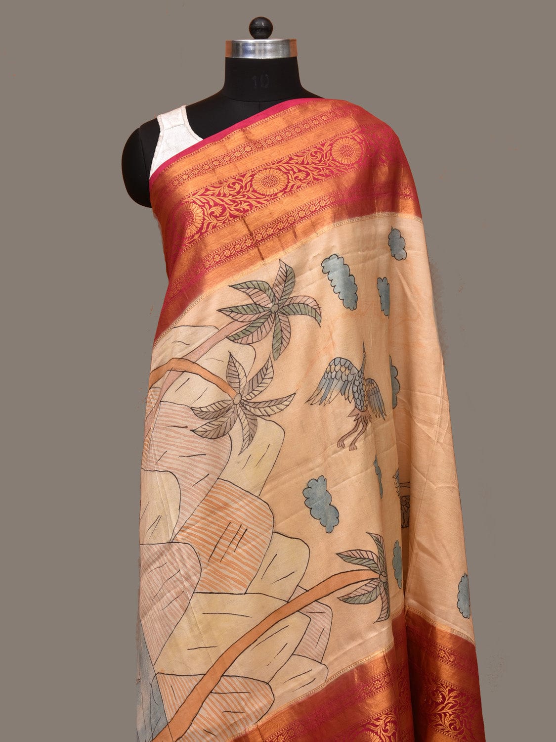 Light Yellow and Pink Kalamkari Hand Painted Kanchipuram Silk Handloom Dupatta with Mountains Design ds3241