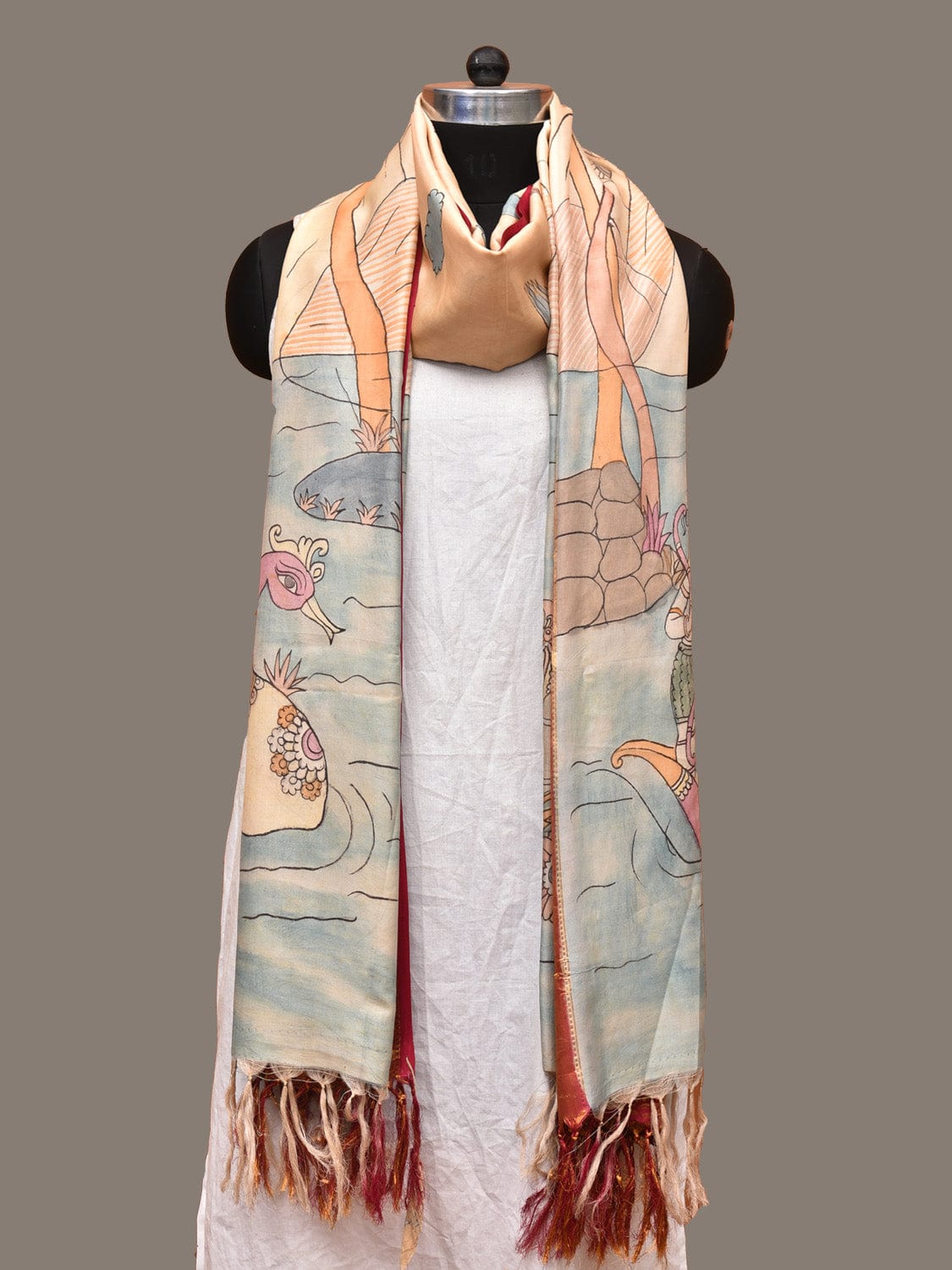Light Yellow and Pink Kalamkari Hand Painted Kanchipuram Silk Handloom Dupatta with Mountains Design ds3241